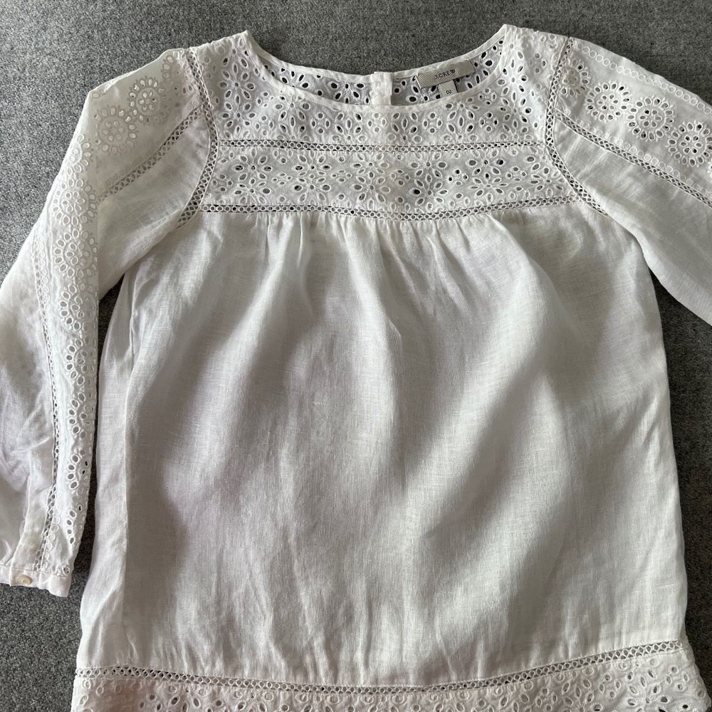 J. CREW Women's White Linen Peasant Boho Blouse Top Eyelet, Size 00